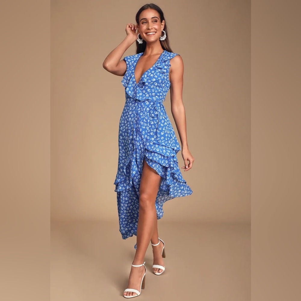 Lulus Cornelia Royal Blue Floral Print Ruffled Wrap Midi Dress Size Small